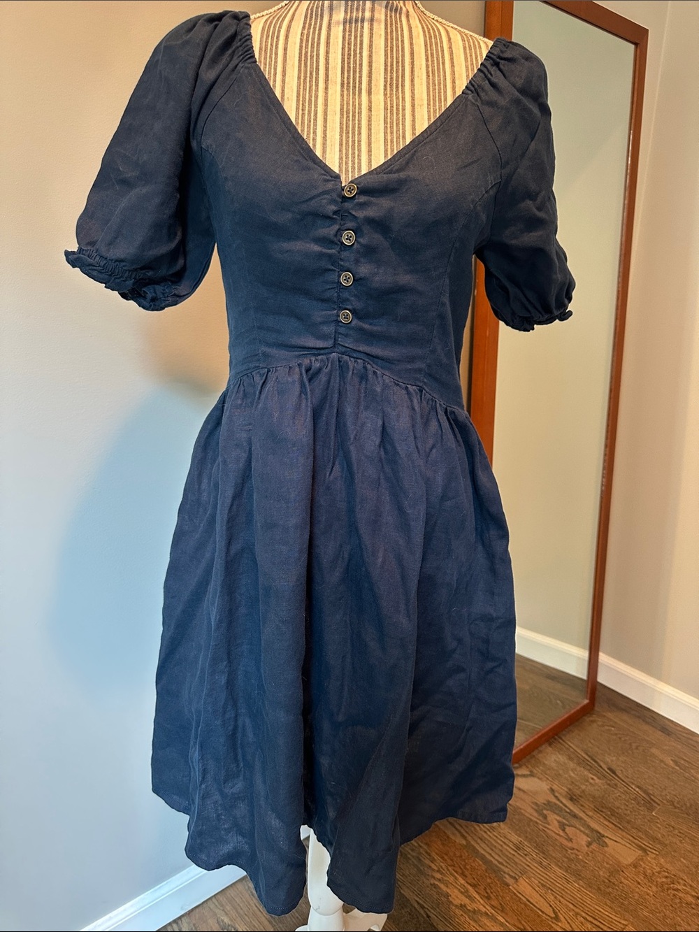 Fat Face Navy V-Neck Button Front Puff Sleeve Midi Dress